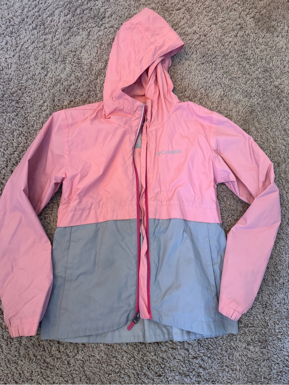 Columbia Pink and Gray Hooded Kids Rain Jacket